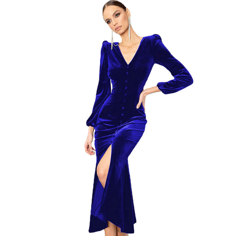 Damen Samt Maxikleid mit tiefem V-Ausschnitt und Knopfdetails R&B