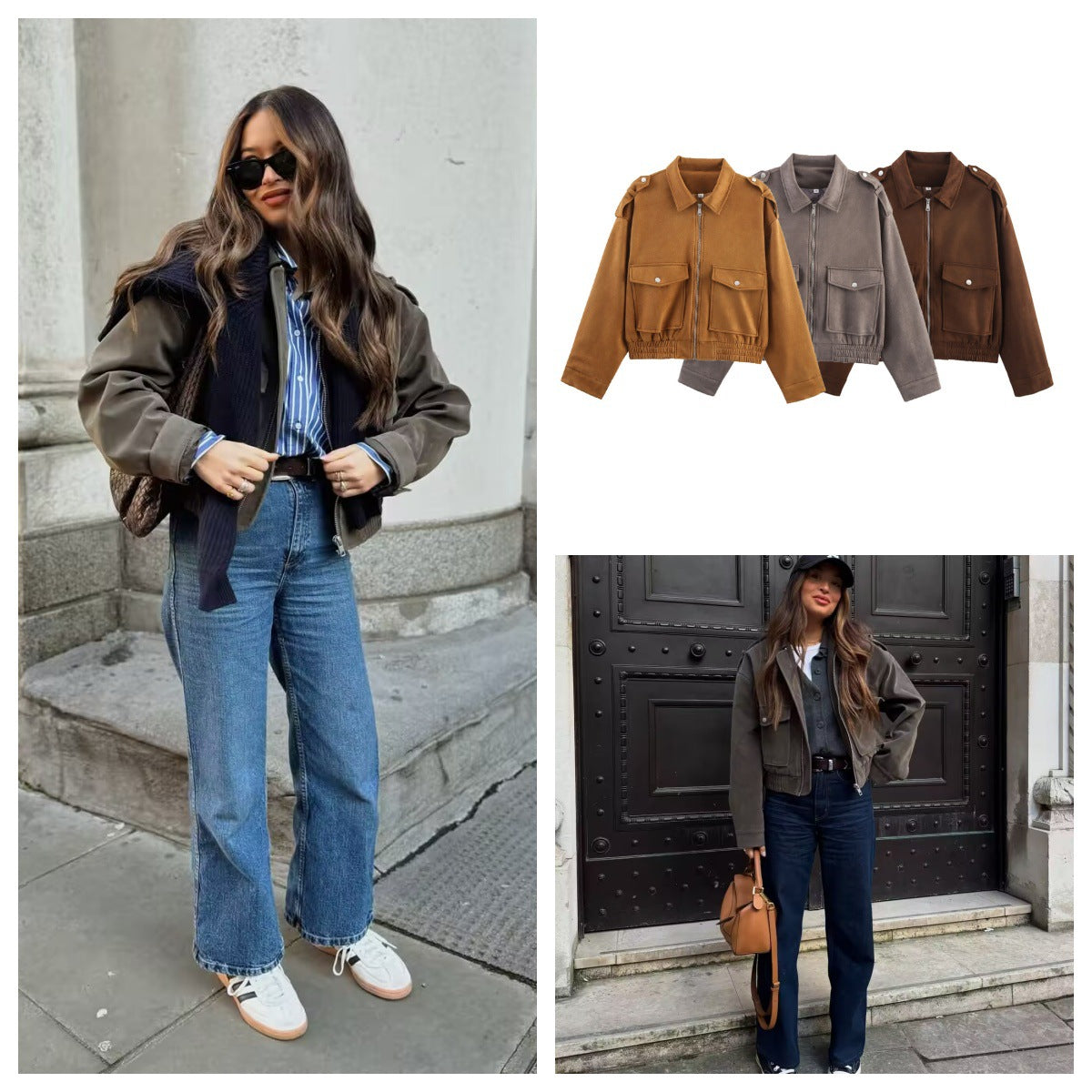 Damen lässige Kunstleder-Bomberjacke mit praktischen Taschen R&B