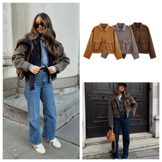 Damen lässige Kunstleder-Bomberjacke mit praktischen Taschen R&B