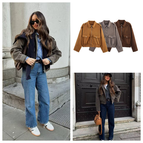 Damen lässige Kunstleder-Bomberjacke mit praktischen Taschen R&B