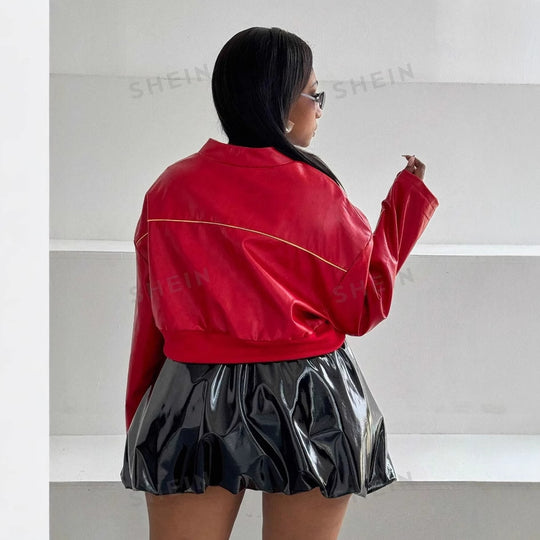 Damen cropped Kunstlederjacke mit sportiven Details R&B