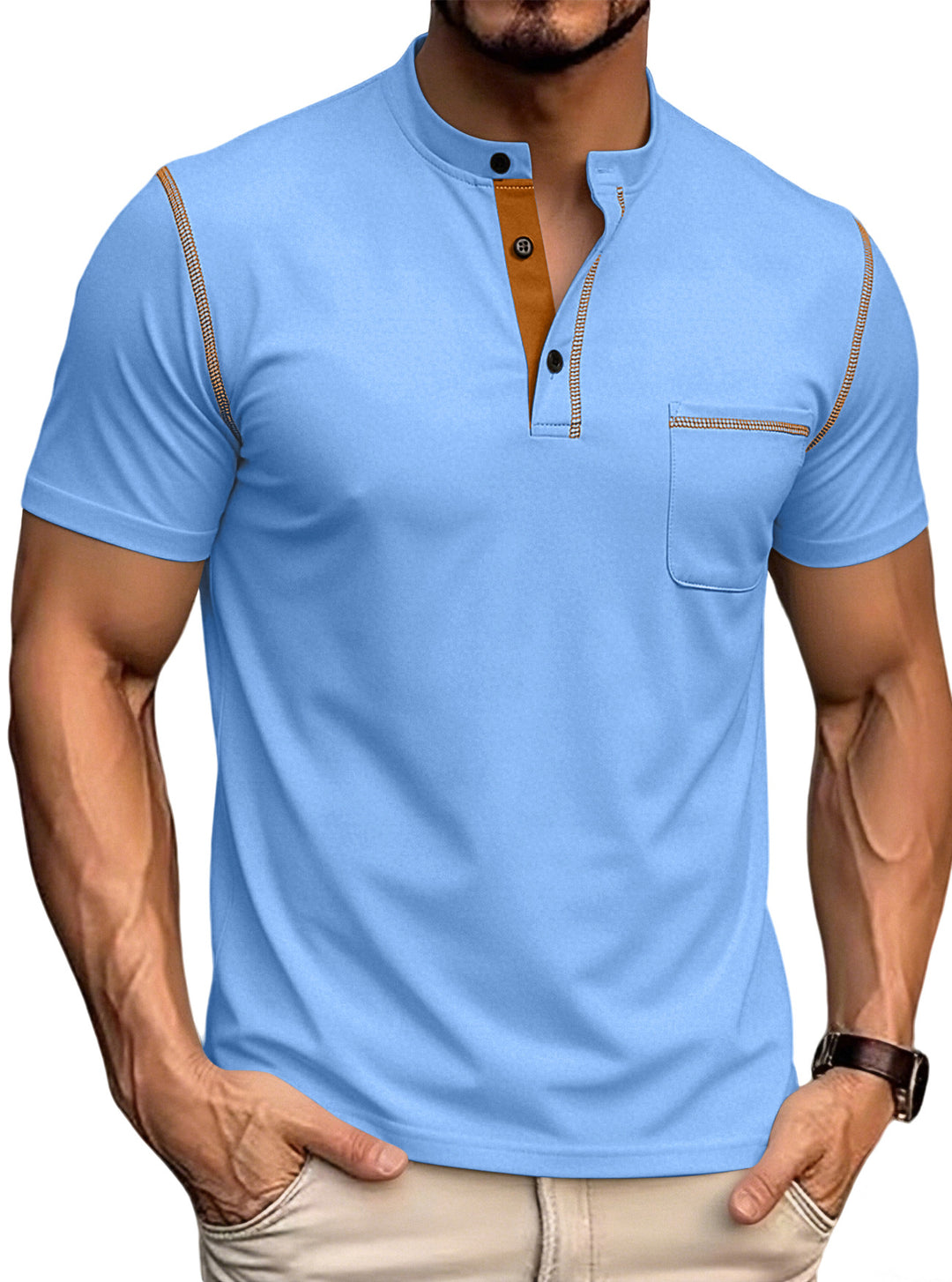Herren nan kurzärmeliges Polohemd mit Stehkragen Knopfleiste Brusttasche aus elastischer Baumwollmischung R&B
