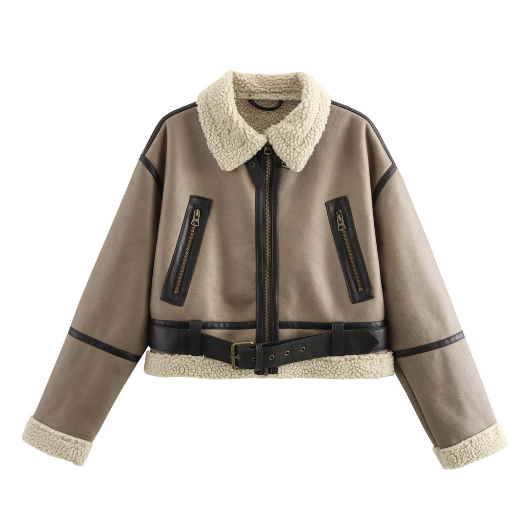 Damen lässige jacke mit Teddyfellkragen und verstellbarem Gürtel R&B