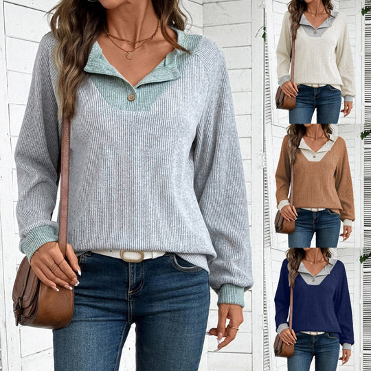 Damen lässiger Langarm-Pullover mit Hemdkragen und dekorativem Schnitt R&B