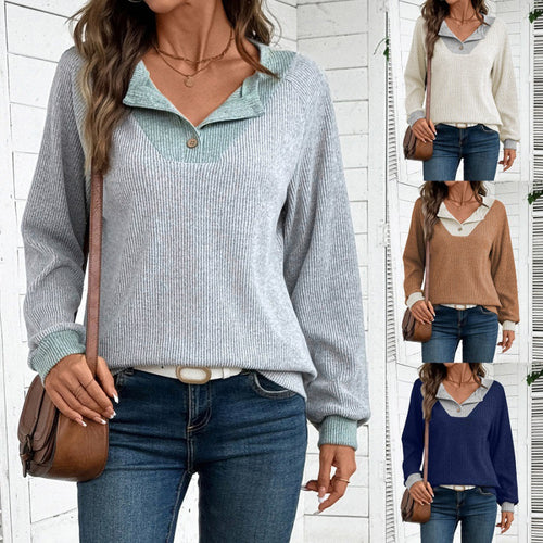 Damen lässiger Langarm-Pullover mit Hemdkragen und dekorativem Schnitt R&B