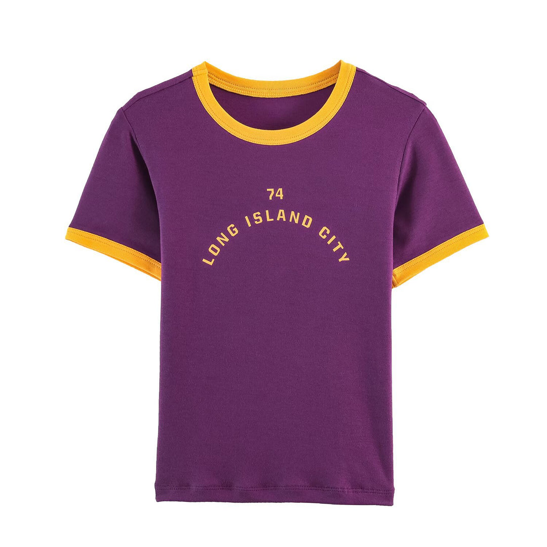 Damen modisches T-Shirt mit kontrastierenden Ärmeln und aufgedrucktem Schriftzug R&B