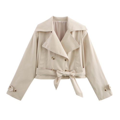 Damen modische cropped Trenchjacke mit eleganten Knopfdetails und Gürteldetail R&B