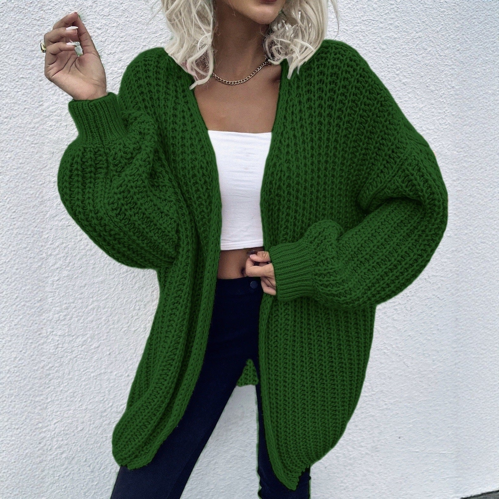 Damen lässiger Grobstrick-Cardigan mit tiefen Taschen und voluminösen Ärmeln R&B