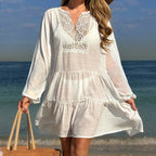 Damen luftiges Strandkleid mit Spitzenbesatz und Wasserfall-Saum R&B