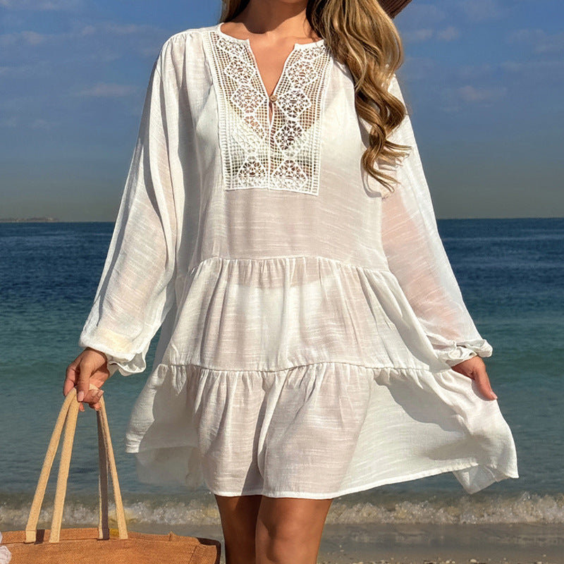 Damen luftiges Strandkleid mit Spitzenbesatz und Wasserfall-Saum R&B