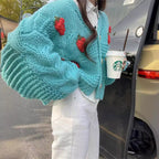Damen Grober Strickcardigan mit Blumenstickerei und funkelnden Knöpfen R&B