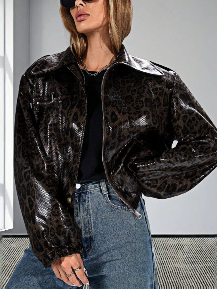 Damen Kunstleder Bikerjacke im Leo-Design R&B