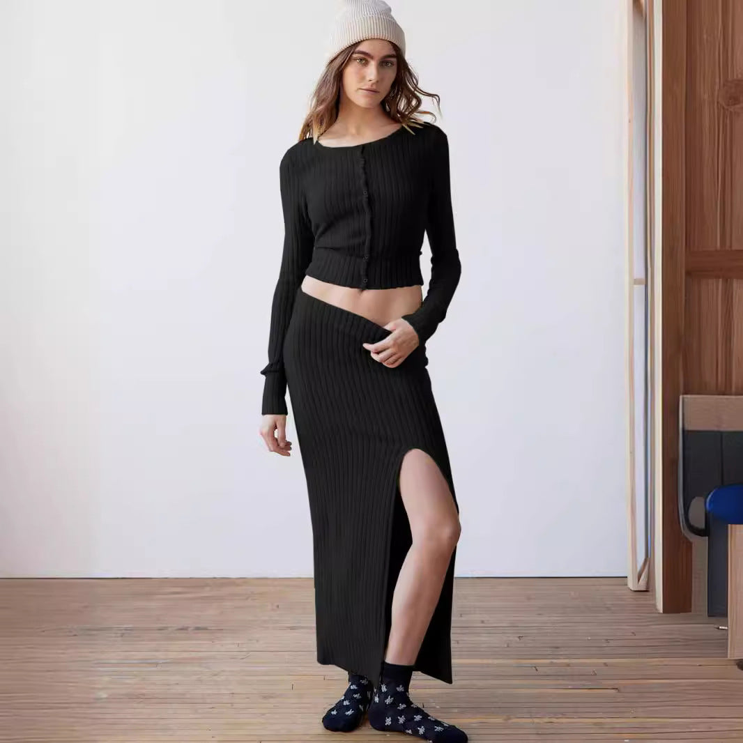 Damen Strickset mit Knopfleiste und hohem Schlitz R&B
