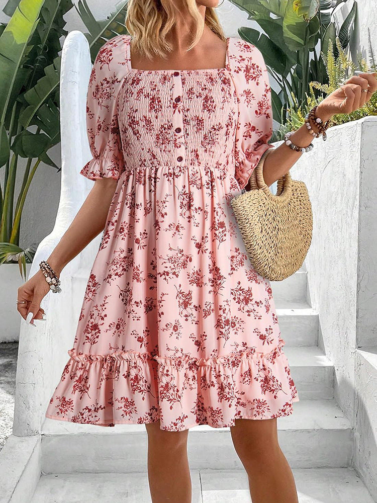 Damen romantisches Sommerkleid mit Puffärmeln und Rüschen R&B