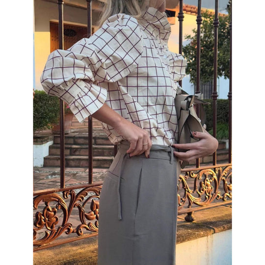 Damen Karobluse mit Rüschendetails und Knopfverschluss R&B