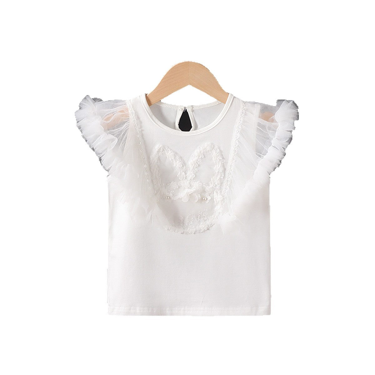 Mädchen T-Shirt mit luftigen Tüllärmel und besticktem Bunny-Motiv R&B