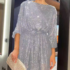 Damen Glitzerndes Minikleid mit langen Ärmeln und schimmerndem Oberstoff R&B