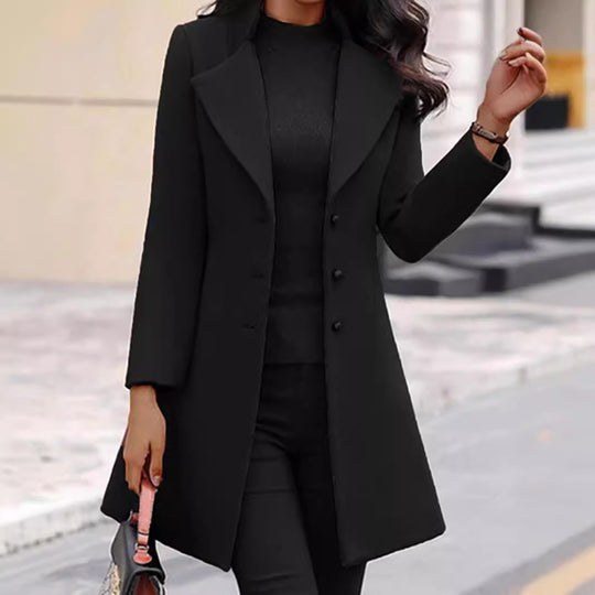 Damen zeitloser Wollmantel mit stilvollem Revers und eleganter Knopfleiste R&B