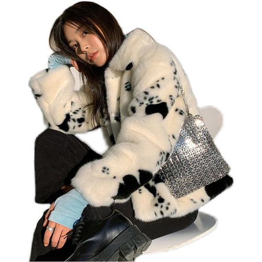 Damen gemütliche Plüschjacke im Kuhmuster R&B