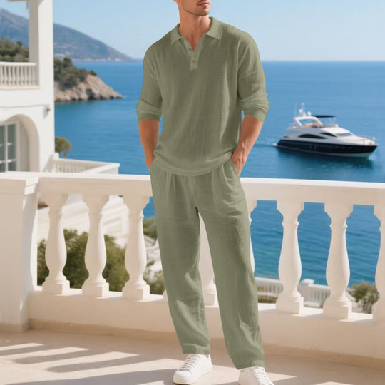 Herren nan leichtes Leinen-Ensemble mit Polokragen und elastischer Bundhose R&B