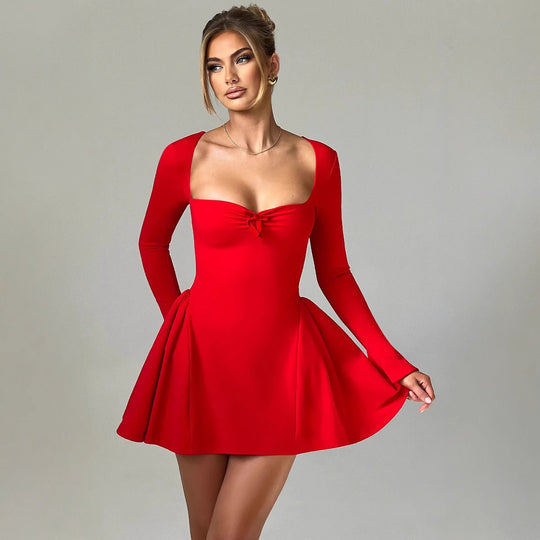 Damen Cocktailkleid mit tiefem V-Ausschnitt und schwingendem Rock R&B