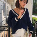 Damen Strickpullover mit V-Ausschnitt und Ballonärmel R&B
