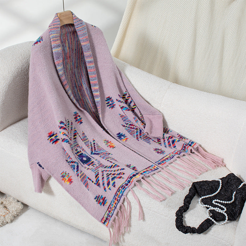 Damen Strickponcho mit buntem Navajo-Muster und fransigem Saum R&B