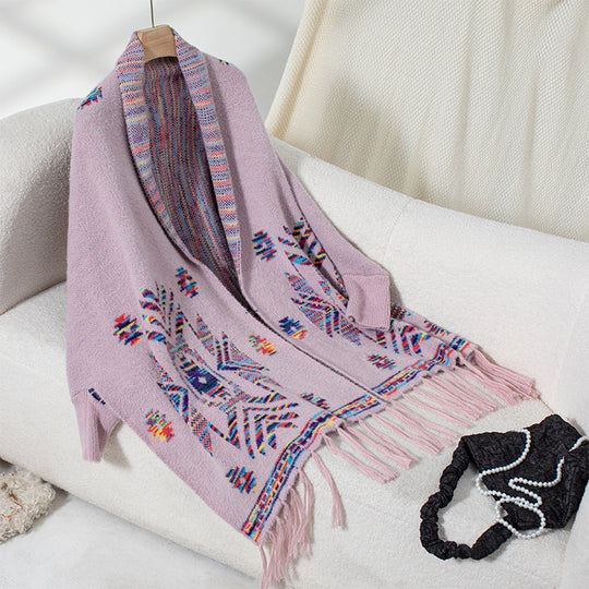 Damen Strickponcho mit buntem Navajo-Muster und fransigem Saum R&B