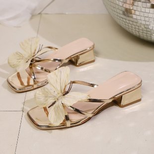 Damen elegante Sandalen mit floralen Applikationen und blockartigem Absatz R&B