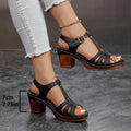 Damen T-Strap Absatzsandalen mit geflochtener Sohle und Pseudo-Leder R&B