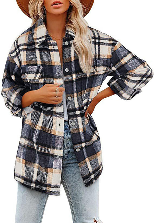 Damen Oversized Hemdjacke mit kariertem Muster und praktischen Taschen R&B