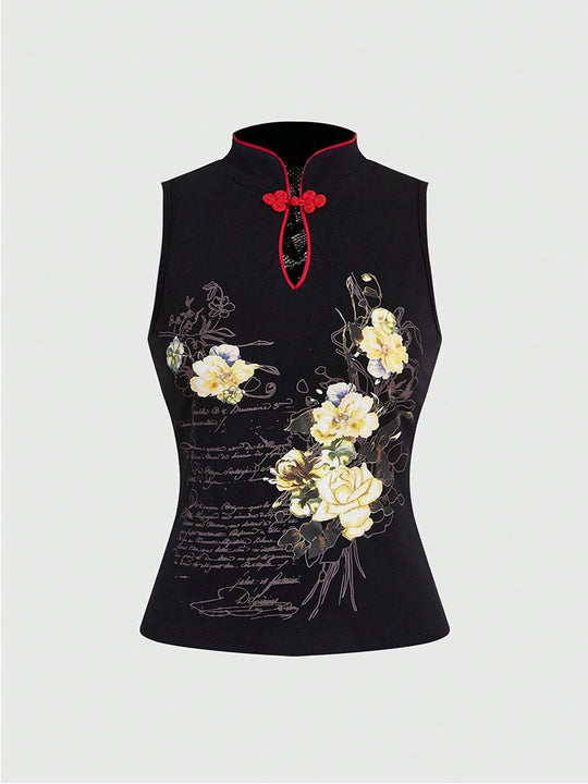 Damen Chinesisches Sticktop mit hochgeschlossenem Design und floralem Motiv R&B