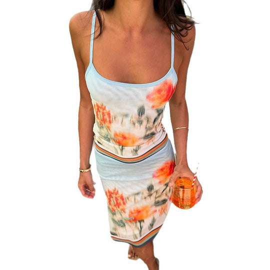 Damen Spaghettiträgertop mit floralem Print und feinem Bund R&B