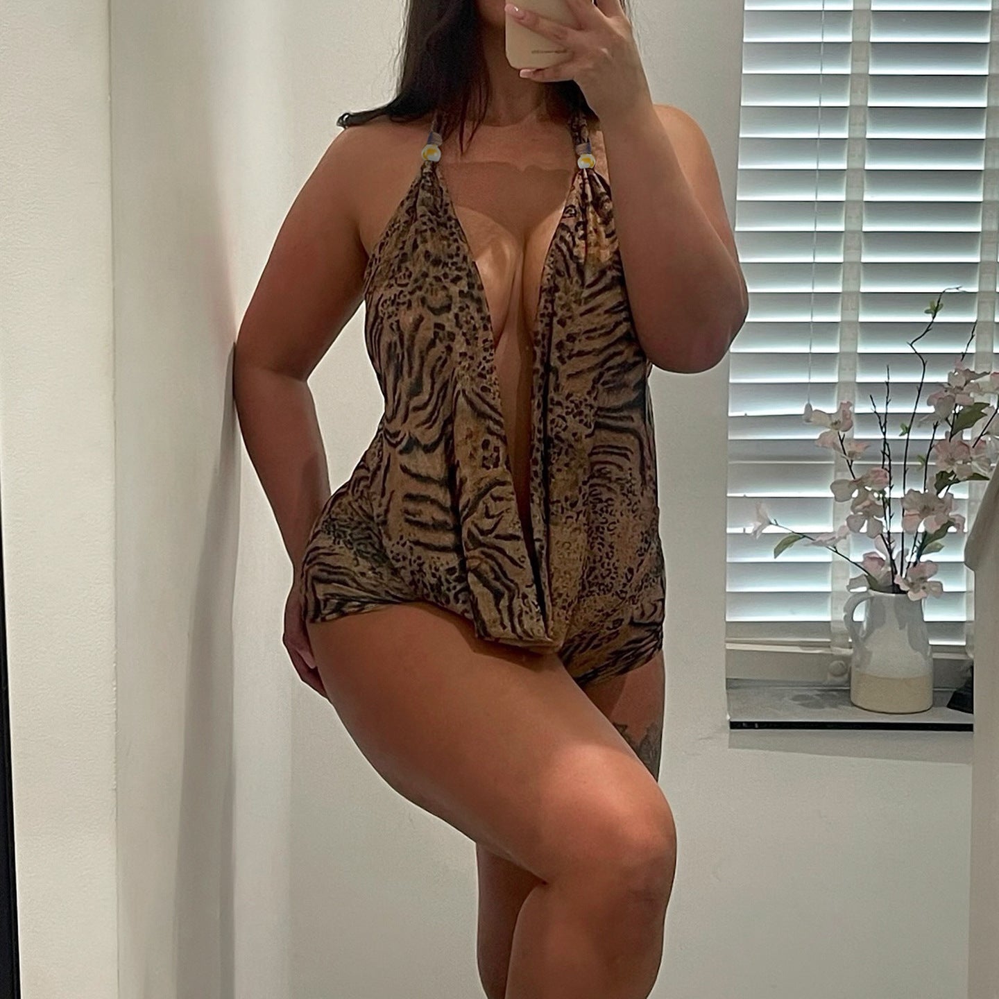 Damen Hochgeschlossenen Badeanzug mit modischem Animal-Print R&B