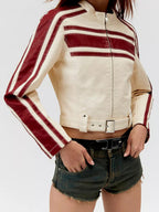 Damen kunstlederne Bikerjacke mit dezenten Kontraststreifen R&B