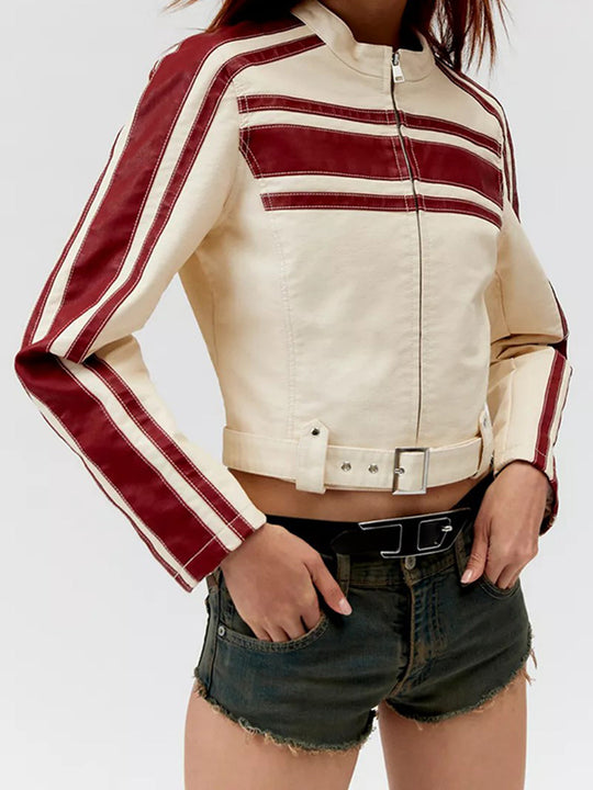 Damen kunstlederne Bikerjacke mit dezenten Kontraststreifen R&B