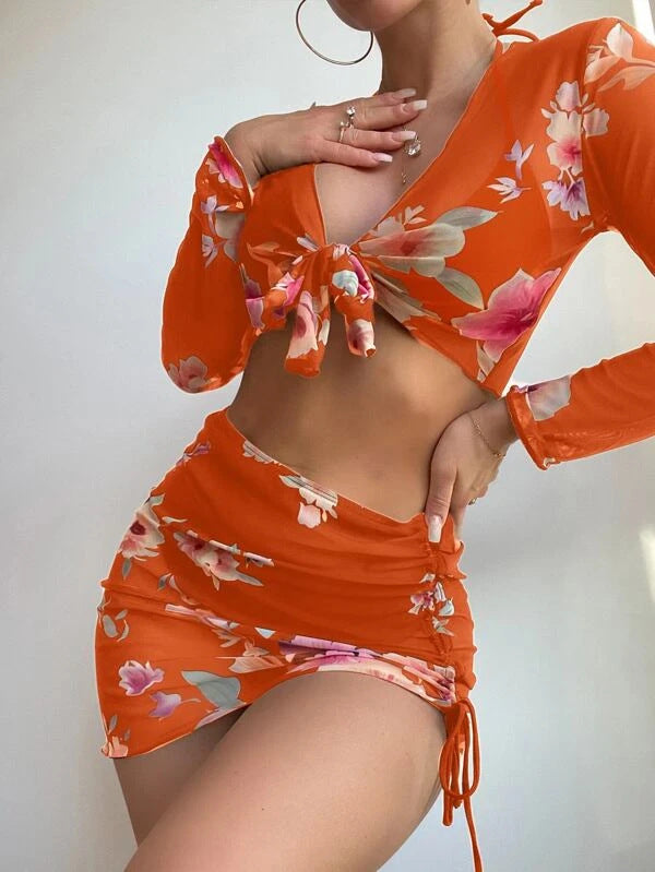 Damen Crop-Top mit floralem Design und tailliertem Rock R&B