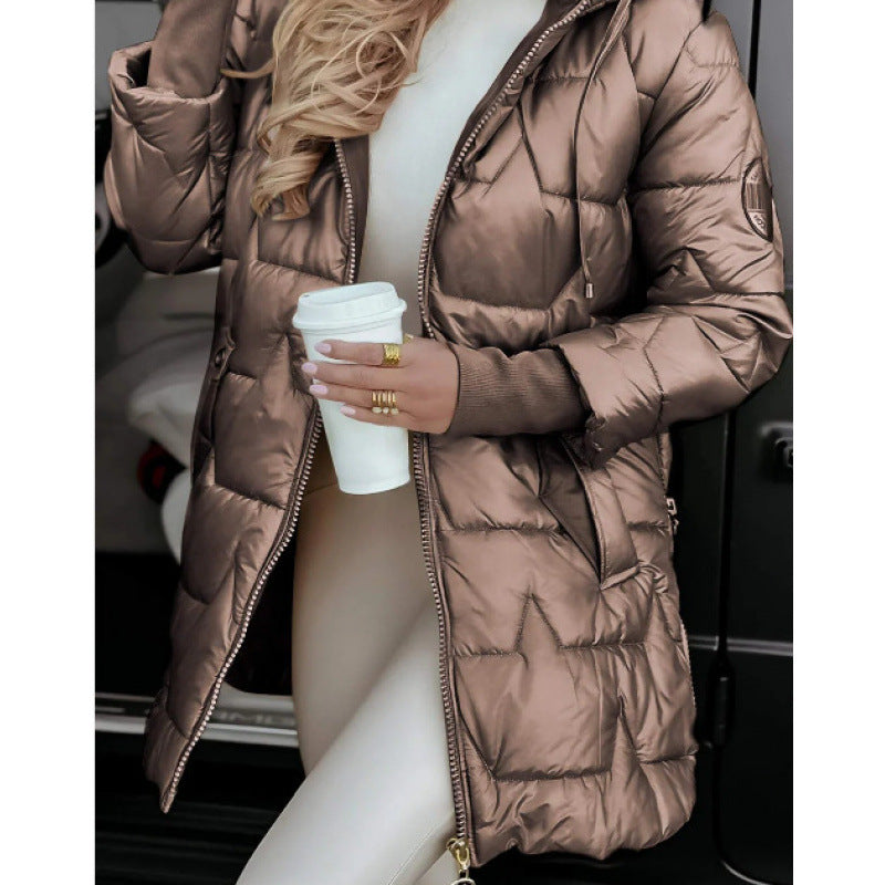 Damen Longline Steppjacke mit abnehmbarem Kapuzenfutter und seitlichen Reißverschlusstaschen R&B