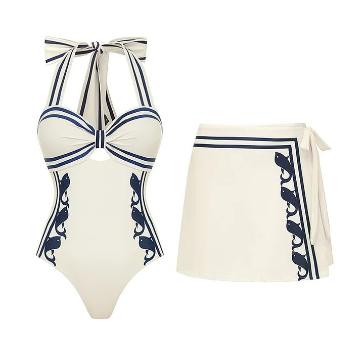 Damen Einteiler Badeanzug mit raffiniertem Cut-Out und dekorativen Schleifen R&B