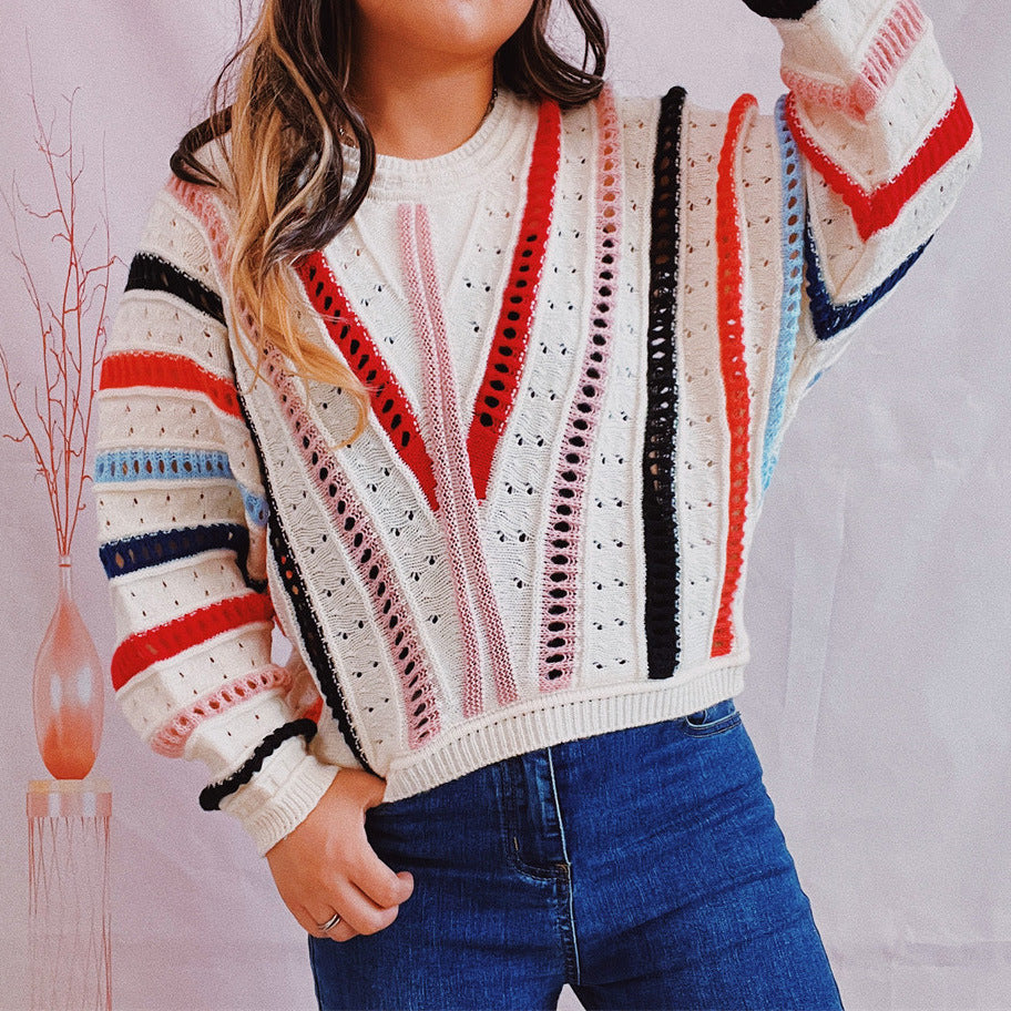 Damen lässiger Strickpullover mit modernem Farbverlauf und einzigartiger Lochstruktur R&B