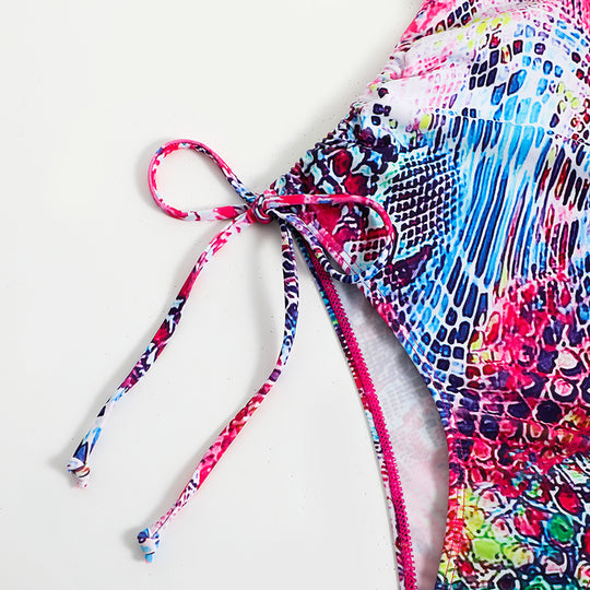 Damen Einteiliger Badeanzug mit aufregendem Schnürdesign und buntem Muster R&B