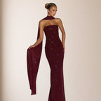Damen elegantes Abendkleid mit schimmernden Pailletten und schulterfreiem Design EB