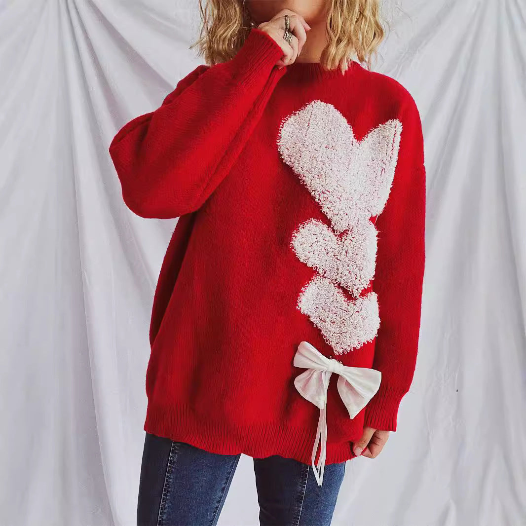 Damen Pullover mit herzförmigem Design und dekorativer Schleife R&B