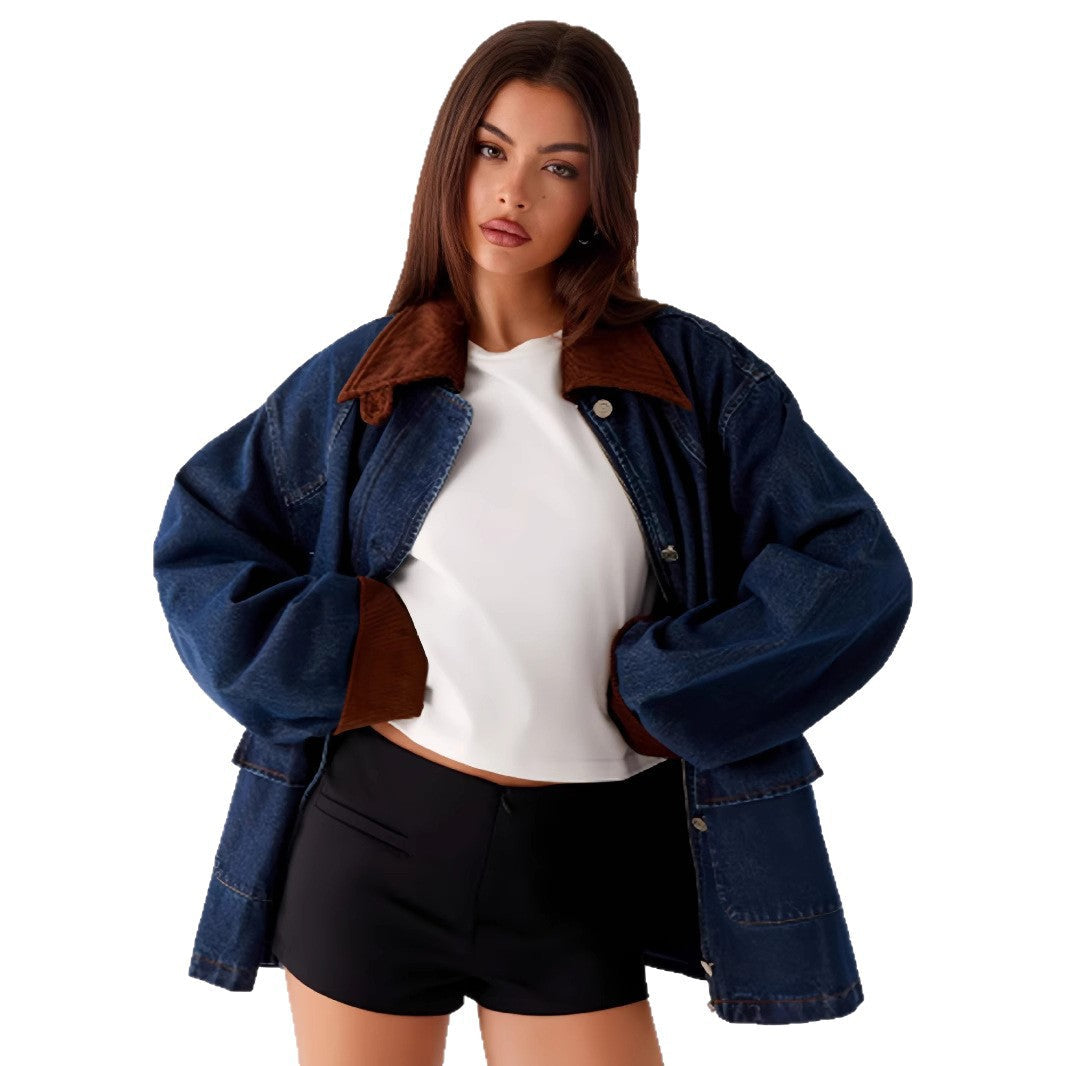 Damen Denimjacke mit Kapuze und kontrastierenden Ärmeln R&B