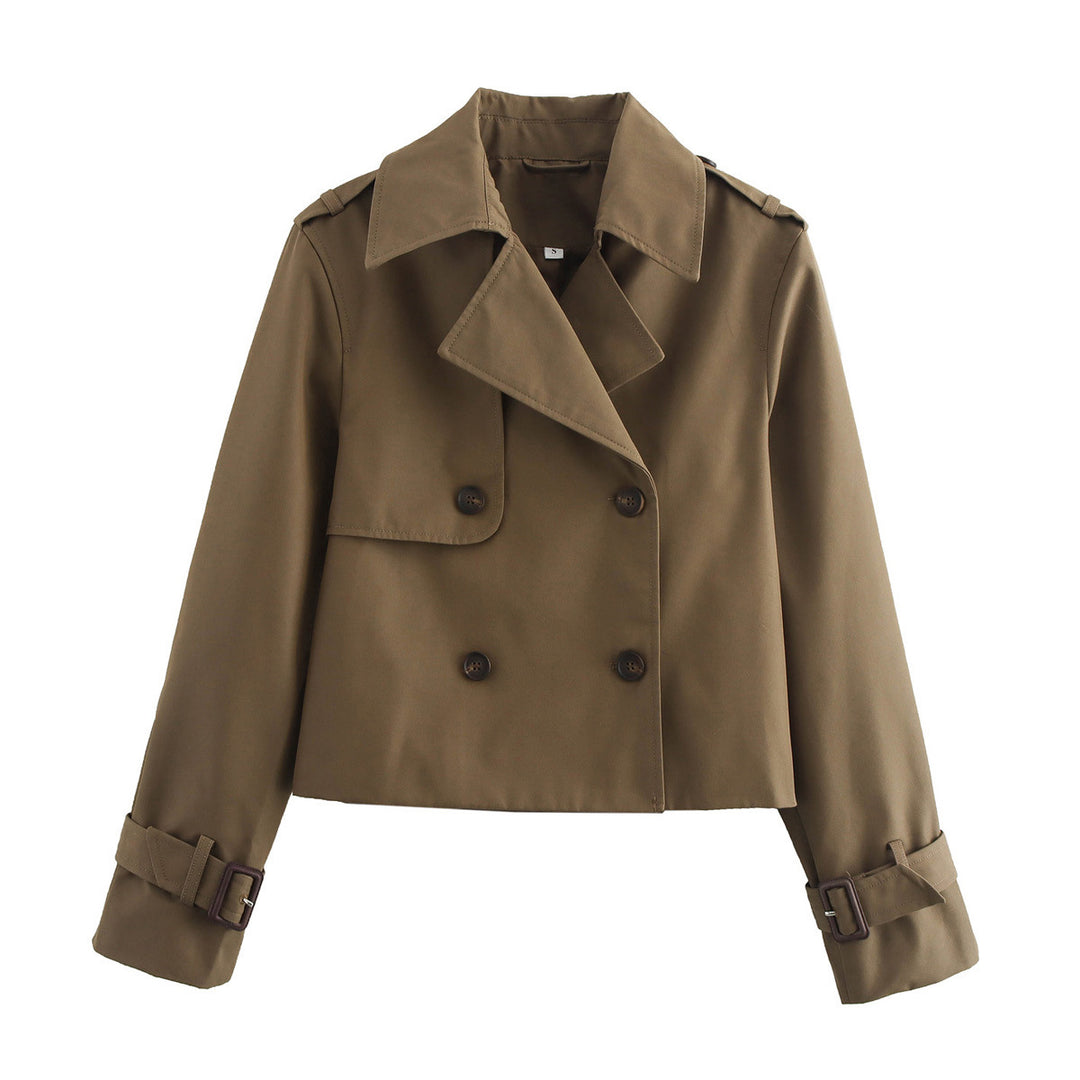 Damen modische Cropped-Trenchjacke mit doppelter Knopfleiste und verstellbaren Ärmeln R&B