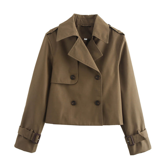 Damen modische Cropped-Trenchjacke mit doppelter Knopfleiste und verstellbaren Ärmeln R&B