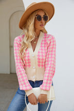 Damen modische Strickjacke mit klassischem Hahnentrittmuster und Knopfverschluss