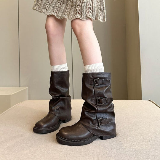 Damen Steppstiefel mit modischen Schnallen und flexiblem Schaftrand R&B