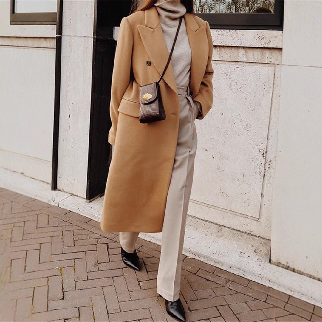 Damen Lange Wolljacke mit doppelter Knopfleiste und breitem Revers R&B