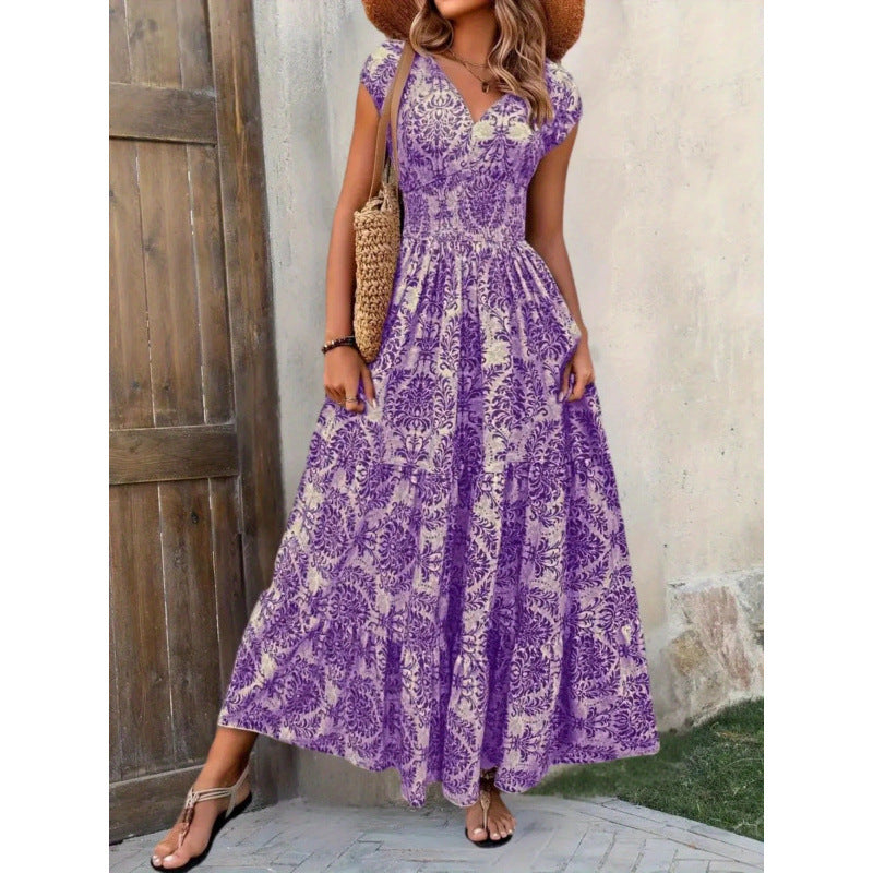 Damen Maxikleid mit nostalgischem Blumenmuster und voluminösem Rock R&B